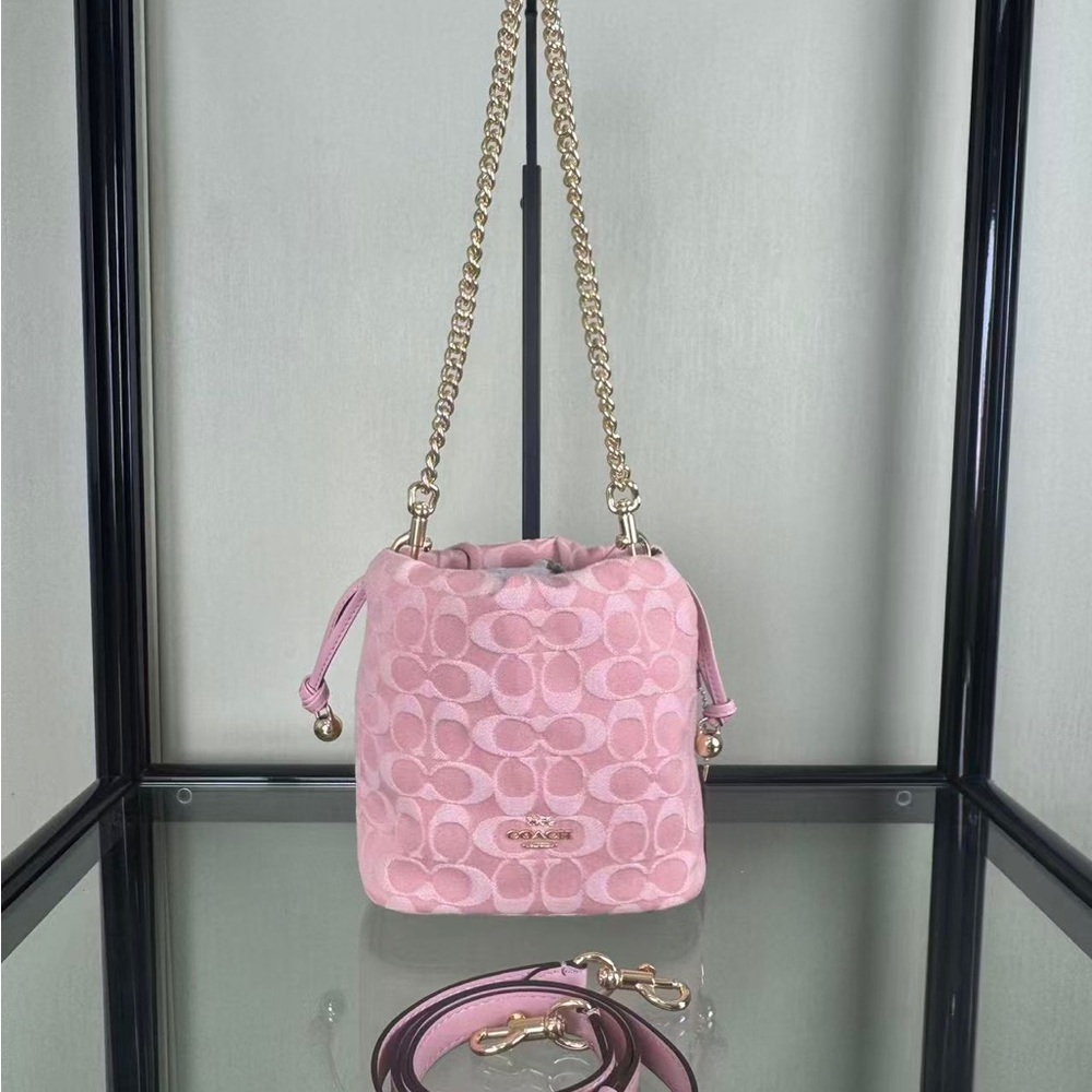 Coach Pink Signature Mini Drawstring Bucket Bag with Gold Chain